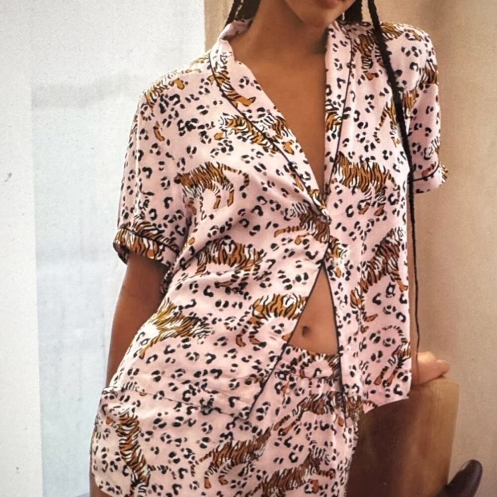 Anthropologie Pink Tiger-Print Short Pajama Set with Gold Accents